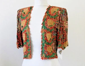 Chaqueta Bolero Jasdee Vintage Trabajo a Mano Cuentas y Lentejuelas e Impresión a Mano en Seda #3072 - Imagen 1 de 3
