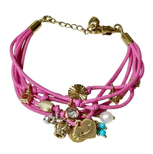 Juicy Couture Multi Strand Charm Bracelet Pink Cord Gold Tone Crystal Pearl - Picture 1 of 7