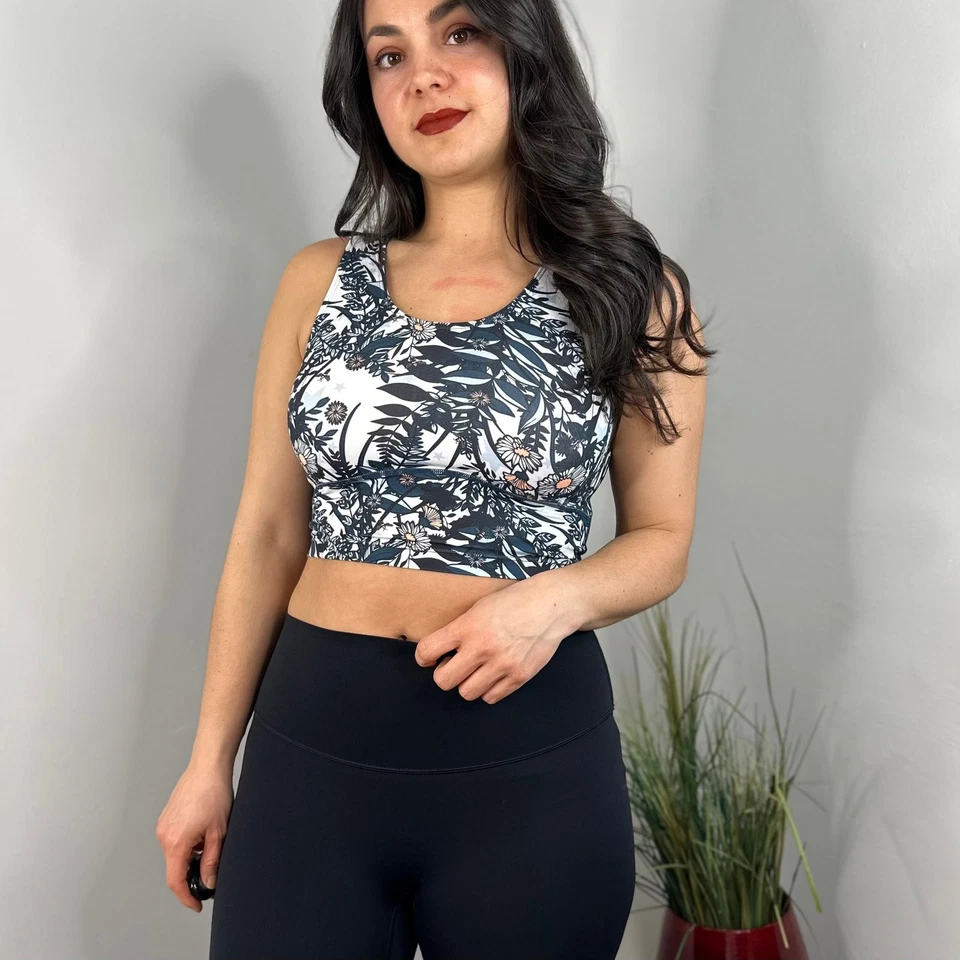 Sweaty Betty Longline Sports Bra in White & Blue Floral SIZE SMALL Orig $98 - Image 1 of 4