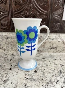 Vintage Retro Pedestal Coffee Cup Mug Green Blue Mod Hippie Flower Power MCM - Picture 1 of 4