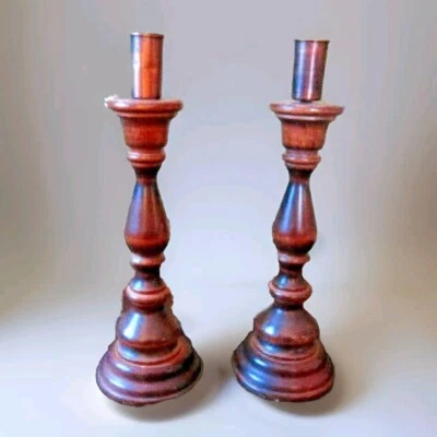 CONJUNTO VINTAGE 2 CASTIÇAIS DE MADEIRA COBRE METAL CASTIÇAIS MCM CABINE DE CASA DE CAMPO - Imagem 1 de 4