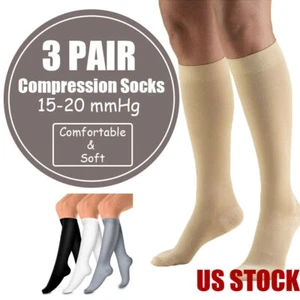 3 PAIRS Compression Socks 15-20mmHG Wide Calf Plus Size L Knee High Sports Gift - Picture 1 of 16