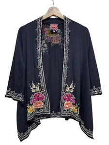 Johnny Was Black Floral Embroidered Boho Cardigan Sz S Kimono Colorful Festival - Picture 1 of 7