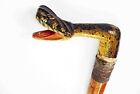 1930S Hand Carved Wood/ Painted Rattle Snake Head On Bamboo Walking Stick Cane