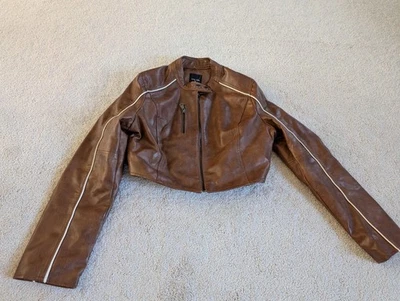 Love Tree Brown Faux Leather Crop Top Jacket Size Large - Image 1 of 4