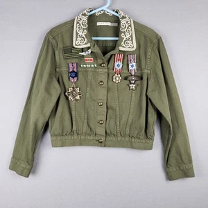 Alice + Olivia Size L Embroidered Bomber Crop Jacket Army Green Aviator Military - Picture 1 of 12