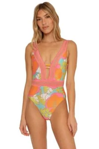 Trina Turk Playa De Flor Floral 1 Piece Plunge Swimsuit in Multi Size 12 - Picture 1 of 7