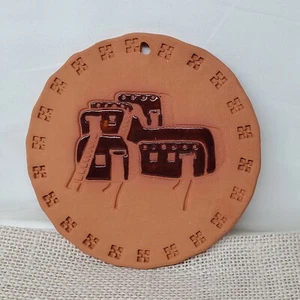 Vintage Etched Clay Southwestern Pueblo Village Circle Hanging Decor 5.5" - Picture 1 of 7