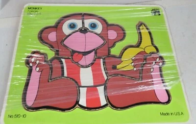 Vintage Sandberg Wood Wooden Jigsaw Puzzle Monkey Holding Banana Learning Toy  - Image 1 of 4