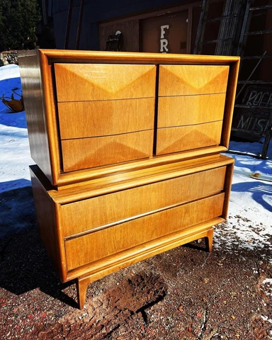 United Furniture Co Mid Century Diamond Highboy Dresser 8 Drawers Vintage Cover