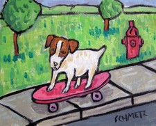 Jack Russell terrier skate boarding 11x14 art artist print animals gift