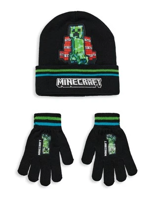 Minecraft Schwarz Creeper & TNT Set aus Mütze und Handschuhen Jungen