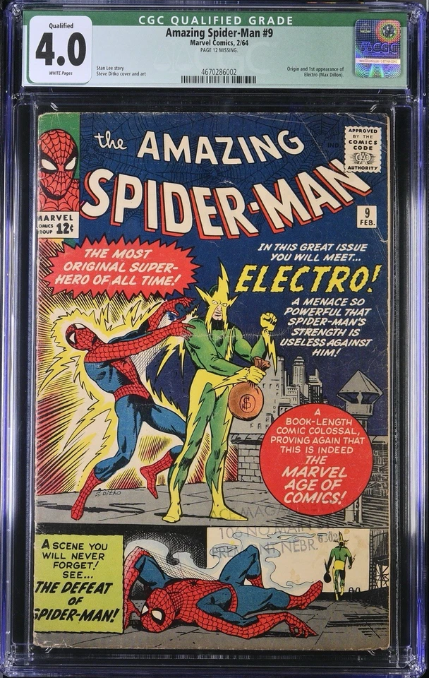 AMAZING SPIDER-MAN #9 CGC 4.0 White Pages Origin & 1st Electro 1964 Qualified - Image 1 of 2