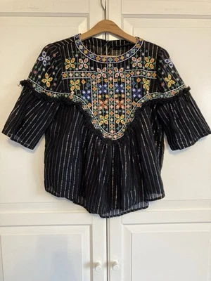 Bluse Zara Bestickt Baumwolle Schwarz Bunt Top Größe S - Bild 1 von 4