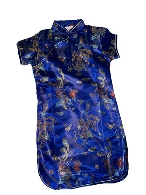 Vestido tradicional chino de una pieza para niñas seda satinado azul Cheongsam dragón EE. UU. 5 Foto 1 de 3