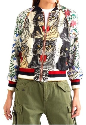 Giacca bomber di seta originale Gucci stampa gatto tigre Hollywood paillettes originale G0 taglia 38