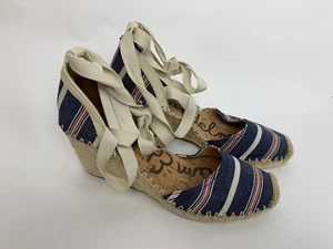 Sam Edelman Denim Blue Ivory Red Stripe Espadrille Wedge Sandals Shoes Heels 8 - Picture 1 of 6