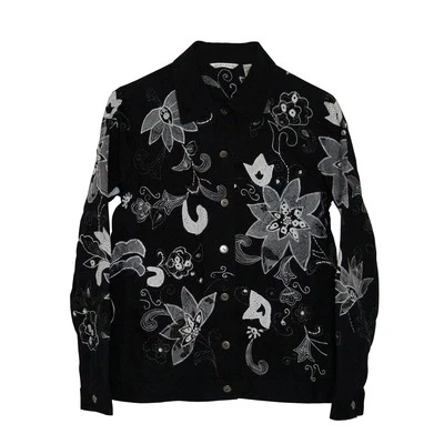 Laura Ashley 黑色白色刺绣花卉贴花串珠西装外套夹克,尺寸 S — 第 1/4 张图片
