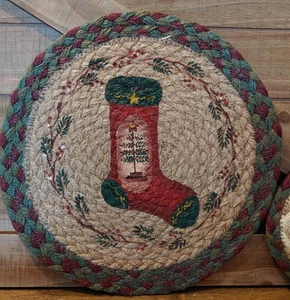 Christmas STOCKING 10"round Trivet 100% Natural Braided Jute Stocking Candle Mat - Picture 1 of 2