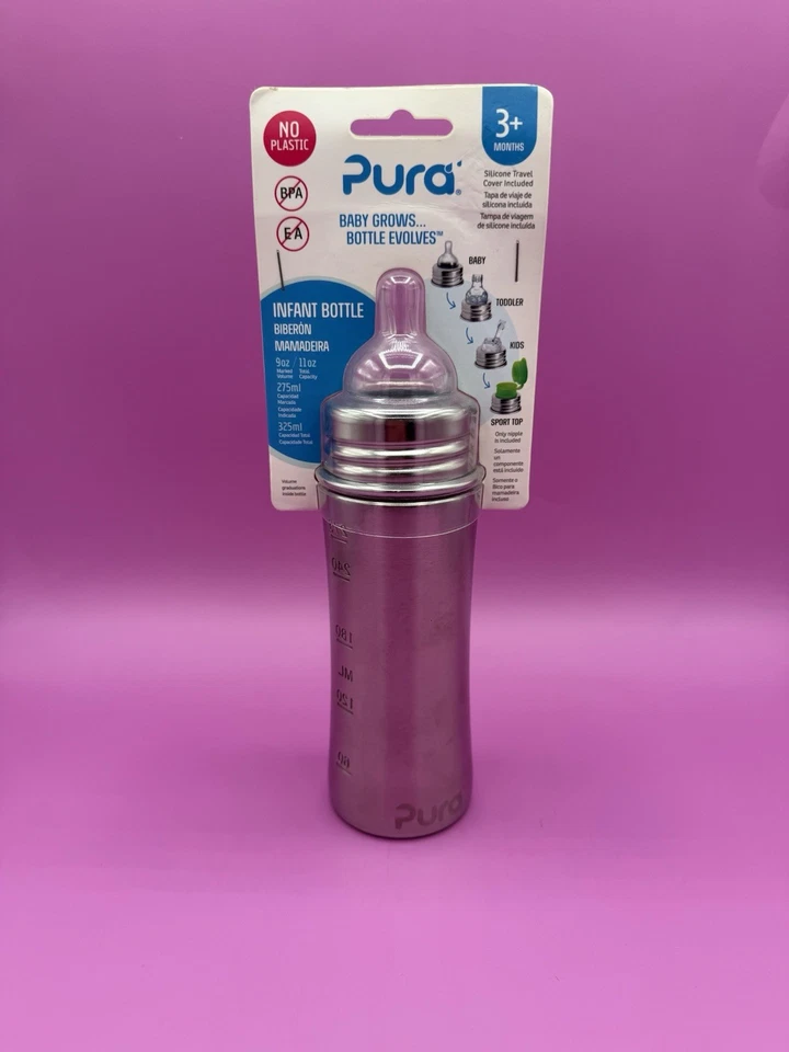 Biberón infantil PURA de acero inoxidable incluye pezón de silicona (3+ Mos., 9 oz) ¡NUEVO! Foto 1 de 2