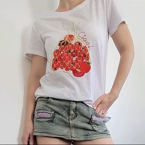 New Womens Italy White T-shirt Ciao! Tomato Print Embroidery Red Gold Green Top - Picture 1 of 11