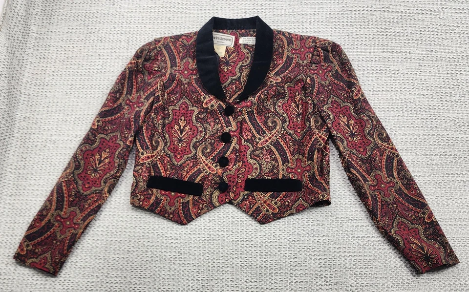 Blazer Karin Stevens Vintage Mujer 8 Pequeño Rojo Negro Paisley Terciopelo Borde Años 90 Foto 1 de 4