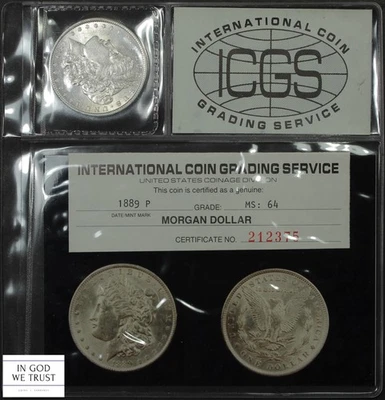 Dólar de plata Morgan 1889 $1 foto antigua certificado de clasificación ICGS MS 64 Foto 1 de 4