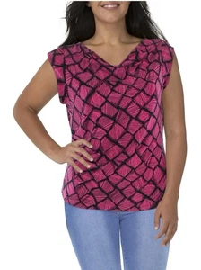 Ann Klein Drapierter Ausschnitt Top Damen 2X Pink Schwarz Print Rechte Seite Raffung - Bild 1 von 9
