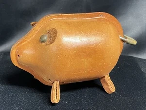 Vintage Mid Century Leather & Brass Piggy Bank-Very Good Condition-Estate Find - Picture 1 of 10