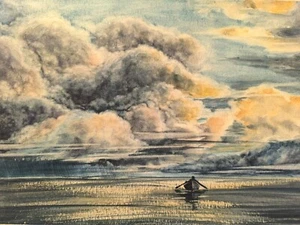 Original Painting Artwork Watercolor Modern Landscape LONELY FISHERMAN Seascape - Picture 1 of 6