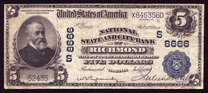 5 $ 1902 PB National State and City Bank of Richmond, Virginia CH 8666 sehr schön - Bild 1 von 1