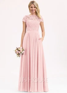 A-Line Scoop Neck Floor-Length Chiffon Lace Bridesmaid Dress With Pockets - Picture 1 of 4