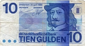 Billete Países Bajos 10 florines 1968 P91b, ojo de buey liso - Imagen 1 de 2