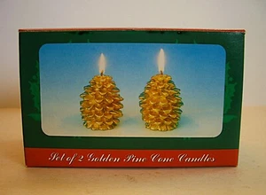 Vtg Handmade Deluxe Golden Pine Cone Set of 2 Candles NOS New In Box Excellent - Picture 1 of 6