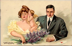 1909 Postcard a/s Donadi Jr Cupid Whispers in Haughty Lady’s Ear as Man Watches - Picture 1 of 2