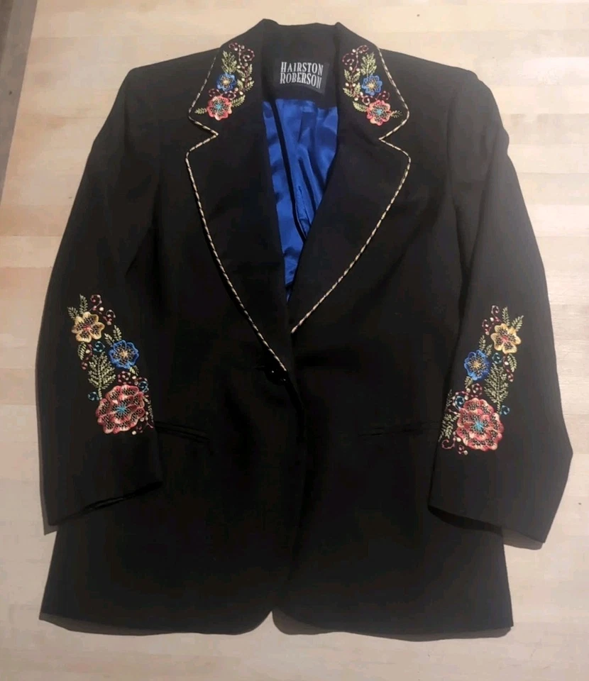 Chaqueta Blazer De Colección Hairston Roberson Talla 8 Floral 100% Lana Suroeste Negra  Foto 1 de 4