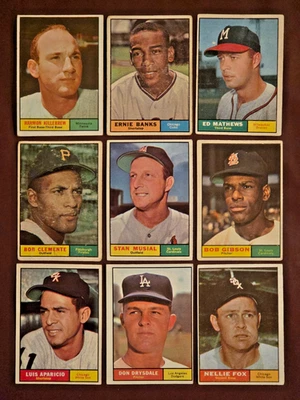1961 Topps Salón de la fama Lote (9) Musial Clemente Gibson Banks Killebrew Mathews ¡MÁS! L/M Foto 1 de 2