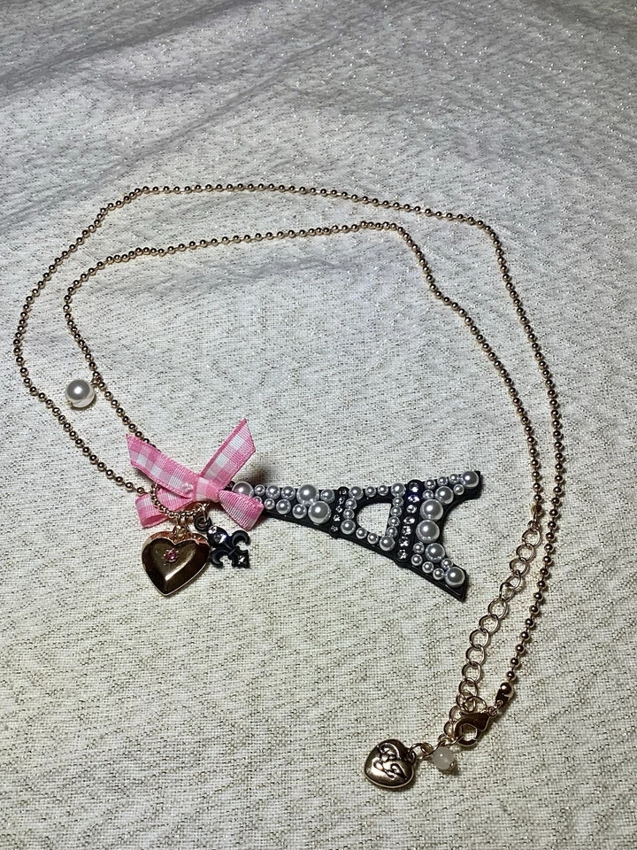 Betsey Johnson Paris Eiffel Tower Crystal Studded Bling Faux Pearls Necklace - Image 1 of 1