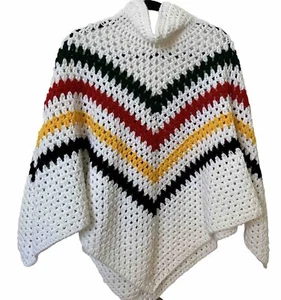 Handmade Crochet White Stripe Turtleneck Poncho Cape - Foto 1 di 4