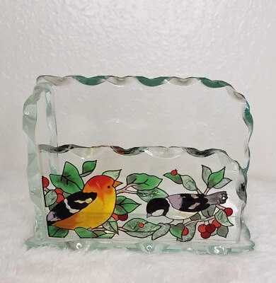 Joan Baker BIRDS Hand Painted Beveled Glass Business Crd Holder Foto 1 de 2