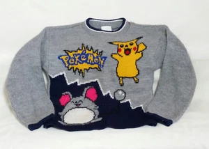 VINTAGE POKEMON PIKACHU NINTENDO KNIT SIZE 4 5 GRAY NAVY MARILL PULLOVER SWEATER - Picture 1 of 4
