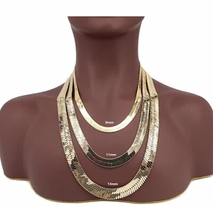 Collar amarillo 14K cadena de espina de arenque plana 9 mm, 11 mm, 14 mm chapado en oro - Imagen 1 de 7