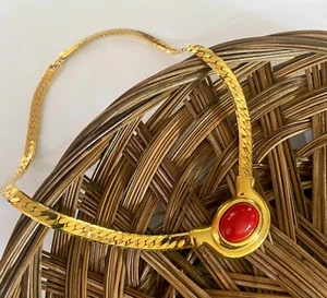 Vintage Stamped Napier Gold Tone Herringbone Chain Red Center 16” - Picture 1 of 9