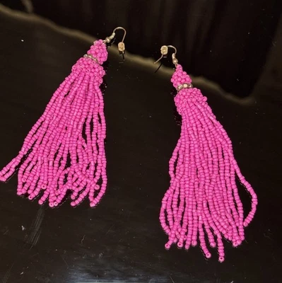Handmade Pink Silver Black Seed Beaded Earrings Tassel Dangle Earrings 4.75 Inch - Image 1 of 4