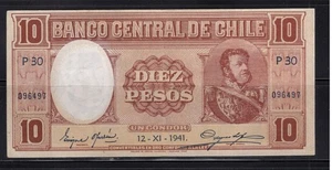 Chile 1941 10 Pesos Manuel Bulnes Mondaca Meyerholz F-VF - Picture 1 of 2
