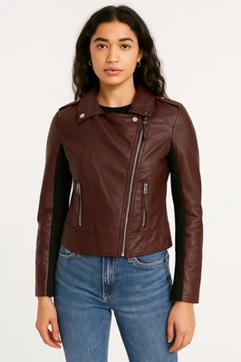 New Look Women's Dark Brown Faux Leather Moto Jacket Rib Knit Sleeves Stylish M - Image 1 of 4