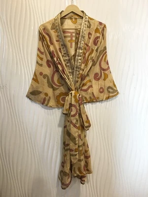 Vestido midi kimono de seda pura hasta la rodilla beige MKMO2175 Foto 1 de 4