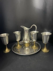 SALISBURY PEWTER 44oz PITCHER WITH 4 WATER GOBLETS GOLD STEMS - Picture 1 of 15