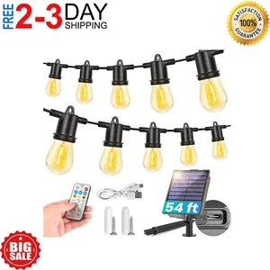 Solar String Lights Outdoor Waterproof Patio Lights 54FT 17 LED Edison Bulbs - Picture 1 of 7