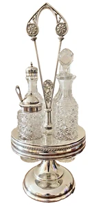 Antique 1880's Meriden B Silver Plated & Cut Glass Cruet Condiments Caddy Stand - Picture 1 of 6